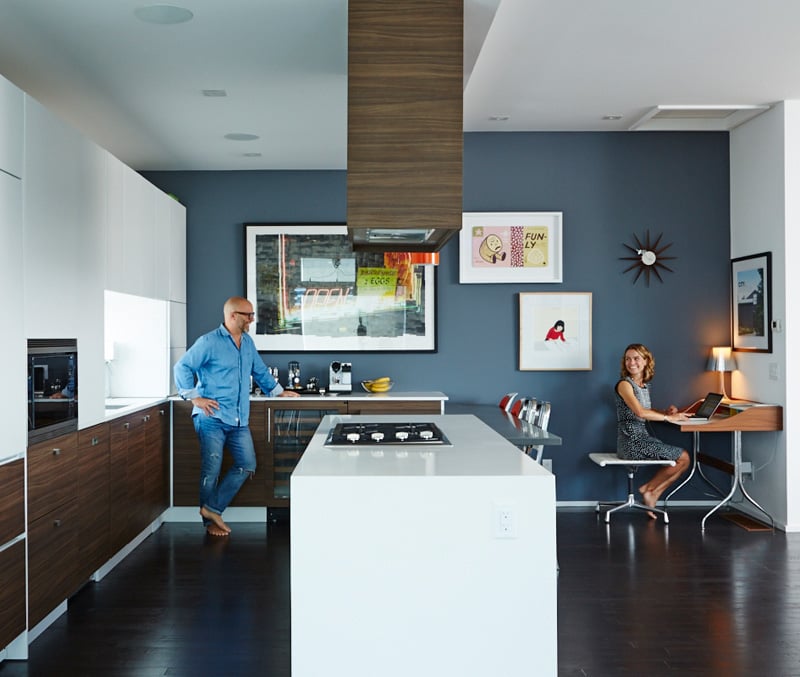 modern townhouse in Toronto - third-storey kitchen shares space with the living room. 