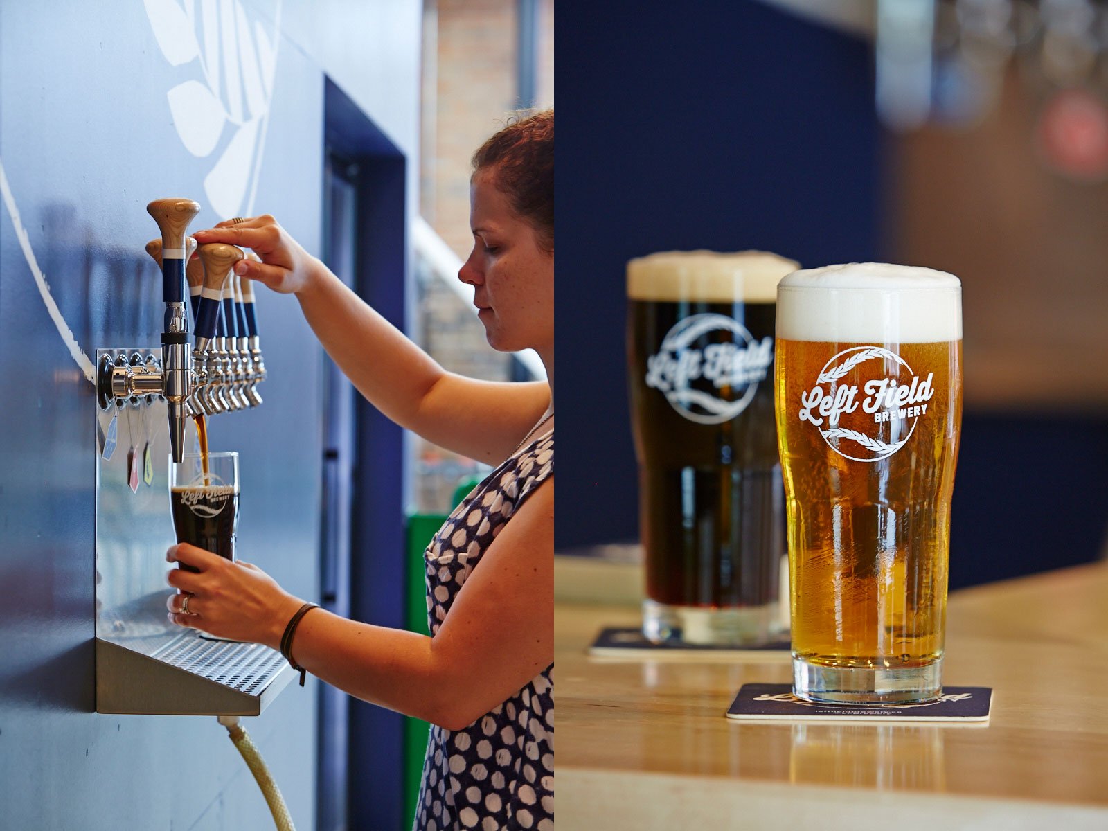 Left: A woman pouring beer into a glass
Right: A glass of beer at <yoastmark class=