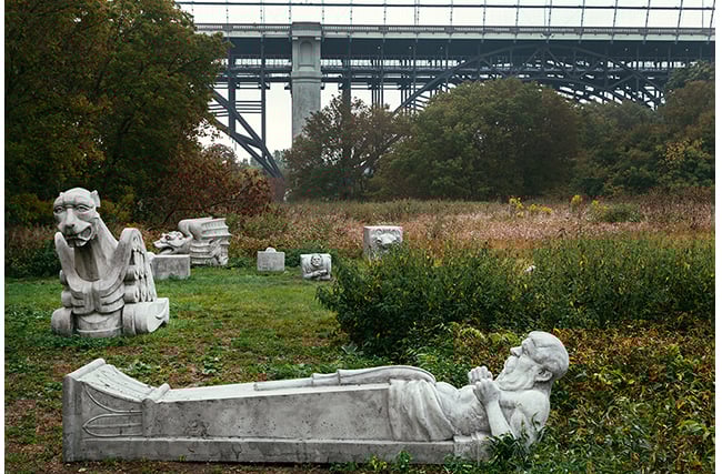 Evergreen Don River Valley Park featuring Duane Linklater's concrete gargoyles