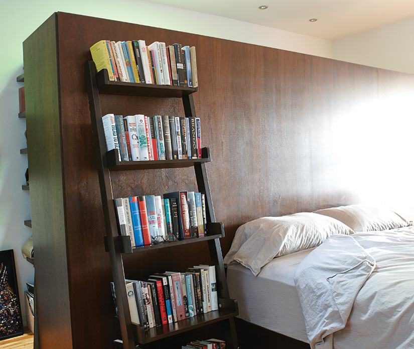 fashion district loft toronto Custom bed frame divider with walk-in closet and green light well