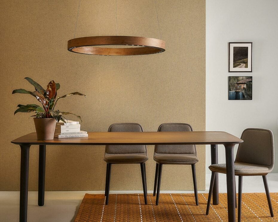 Wooden chandelier in dining area
